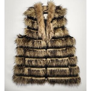 Chico's Women's Size 2 Faux Fur Vest Brown Black Striped Open Front Boho